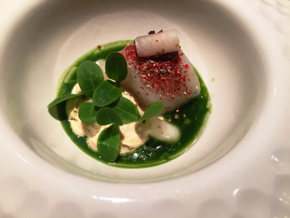 Field Restaurant in Prague : Cold Appetizer of Cod, potato, radish, borage Field Restaurant in Prague : Cold Appetizer of Cod, potato, radish, borage