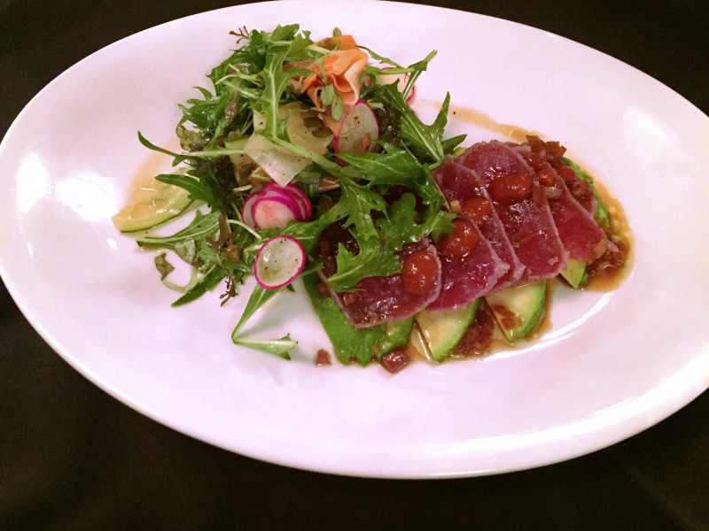 Pennsylvania 6 DC : Seared Tuna Sashimi with pickled vegetables, red mustard greens, radish, cilantro, sriracha, sweet onion sauce